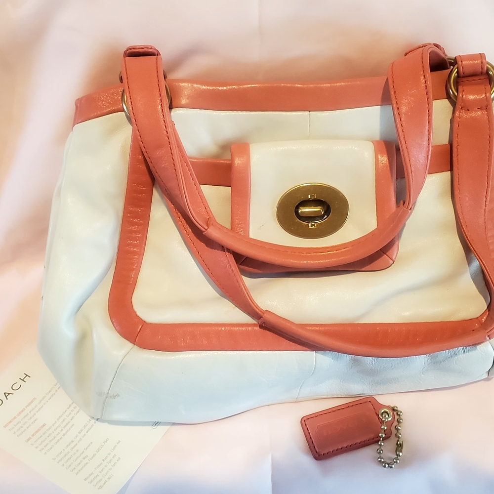 Coach Pink and White Shoulder Bag with Turn-Lock Closure